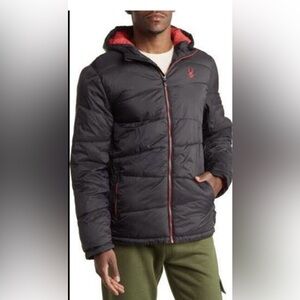 Spyder Men’s Size S Small Puffer Winter Jacket Hooded Zip Up Grey Red Trim